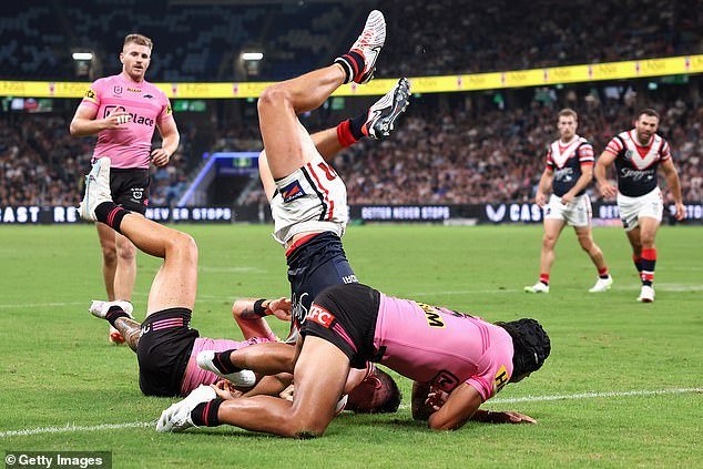 Fortunately for the Sharks, there was an even more embarrassing mistake on Thursday night when the video referee wrongly disallowed Joey Manu's attempt (pictured)