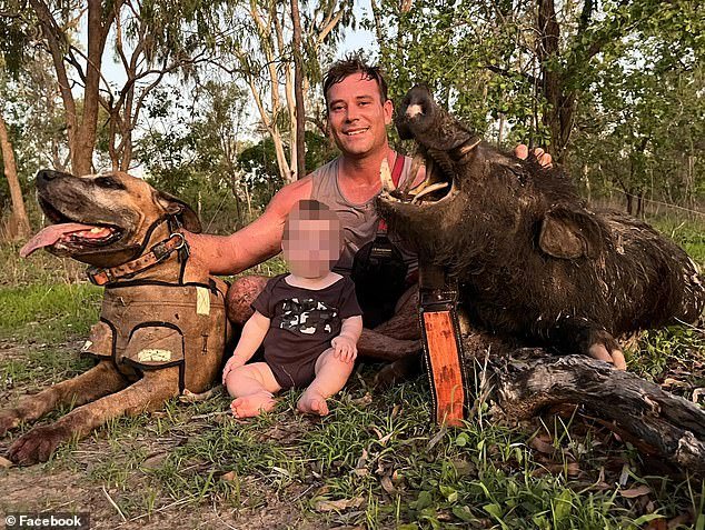 Dylan Leschke and his young son and dog after a pig hunting expedition in the Gulf country, where the 33-year-old lived with his partner, Desiree Callope