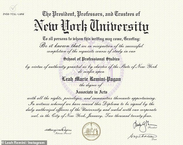 The actress posted an image of her associate degree from New York University to her approximately 3.6 million followers on Instagram and nearly 863,000 on X.