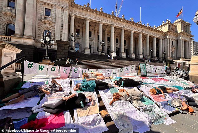 Long Covid-19 patients have reacted with outrage to Dr Gerrard's comments (pictured from a protest outside Victoria's Parliament)