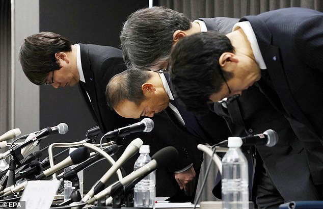 The Osaka-based drugmaker admitted this week that it had supplied red yeast rice to about 50 other companies in Japan and two in Taiwan.  Pictured, Kobayashi Pharmaceutical President Akihiro Kobayashi (second from left) and officials bow during a press conference in Osaka today