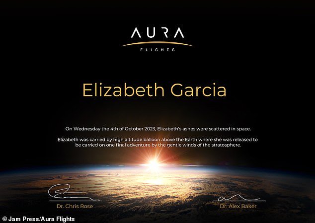 Pictured: Elizabeth Garcia's certificate issued by Aura Flights