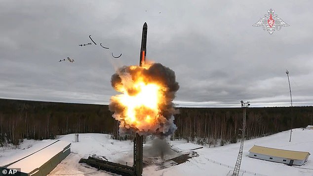 In this photo, taken from a video released by the Russian Ministry of Defense press service on Friday, March 1, 2024, a Yars intercontinental ballistic missile is tested from the Plesetsk launch pad in northwestern Russia.