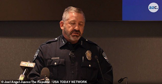 Gilbert police chief Michael Soelberg becomes emotional when he gives an update on the Gilbert Goon case on January 25, 2024.  He acknowledged in January that law enforcement initially did not connect the attacks, which occurred at the same locations and involved the same people.