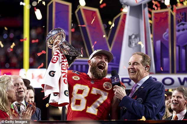 Kelce's shout was part of his onstage performance as he gave a victory speech