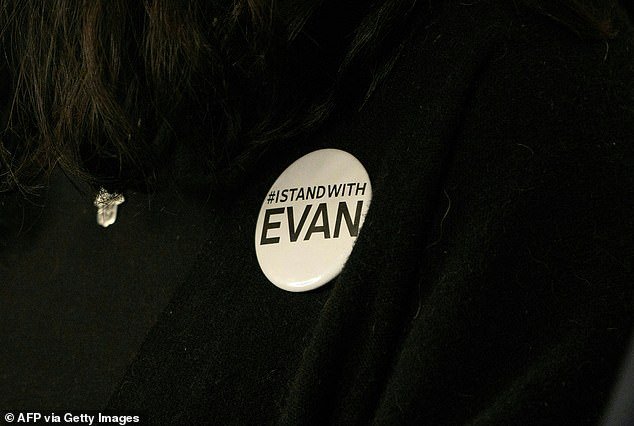 Danielle Gershkovich, sister of incarcerated journalist Evan Gershkovich, wears a pin that reads #IStandWithEvan