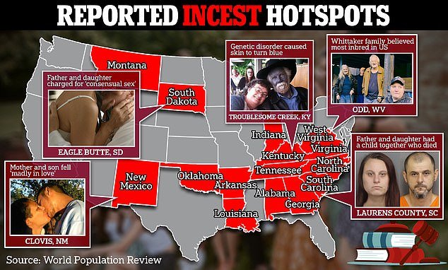 The map above shows the alleged incest hotspots, according to the World Population Review