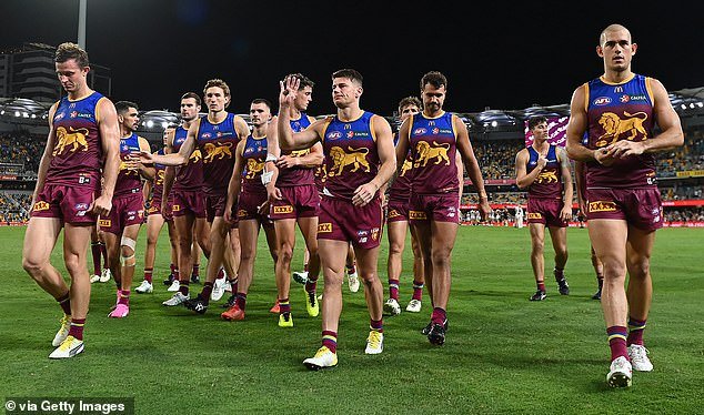 Shattered Lions stars leave the field after their loss to Collingwood on Thursday evening.  Daily Mail Australia is not suggesting any of these players are involved in the shocking report of an end-of-year trip to Las Vegas