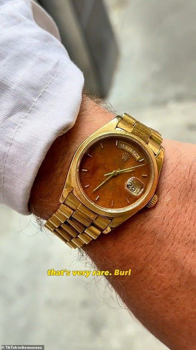 Mike Nouveau is a vintage watch expert who stopped a man on the street to point out how rare his 1979 Rolex Day-Date President with a Greek day wheel and a wooden dial is