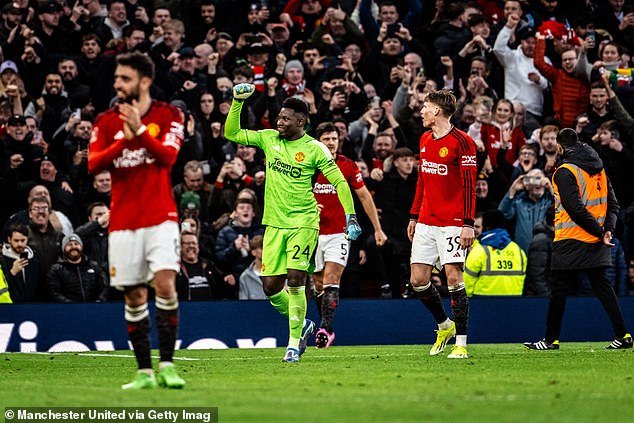 Andre Onana (centre) is now between the sticks and this will be a test of Man United's resolve