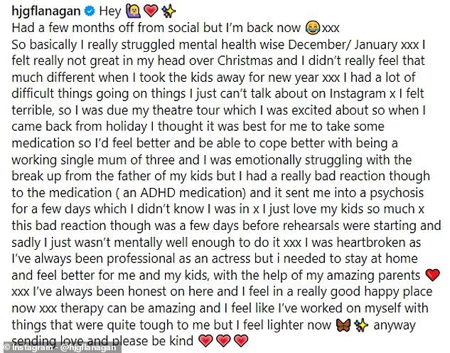 She wrote: 'I was heartbroken because I have always been professional as an actress, but I had to stay home and feel better for me and my children, with the help of my wonderful parents¿¿'
