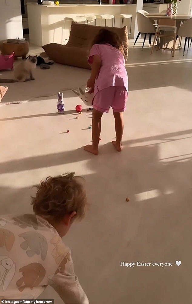 Tammy Hembrow also marked the occasion by sharing a video of her children excitedly picking up chocolates laid out for them in the living room.