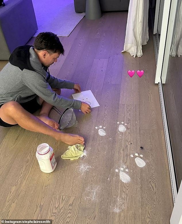 The night before, she posted a video of her husband Josh Miller getting ready for the day while sprinkling flour on the floor in the shape of an animal paw print.