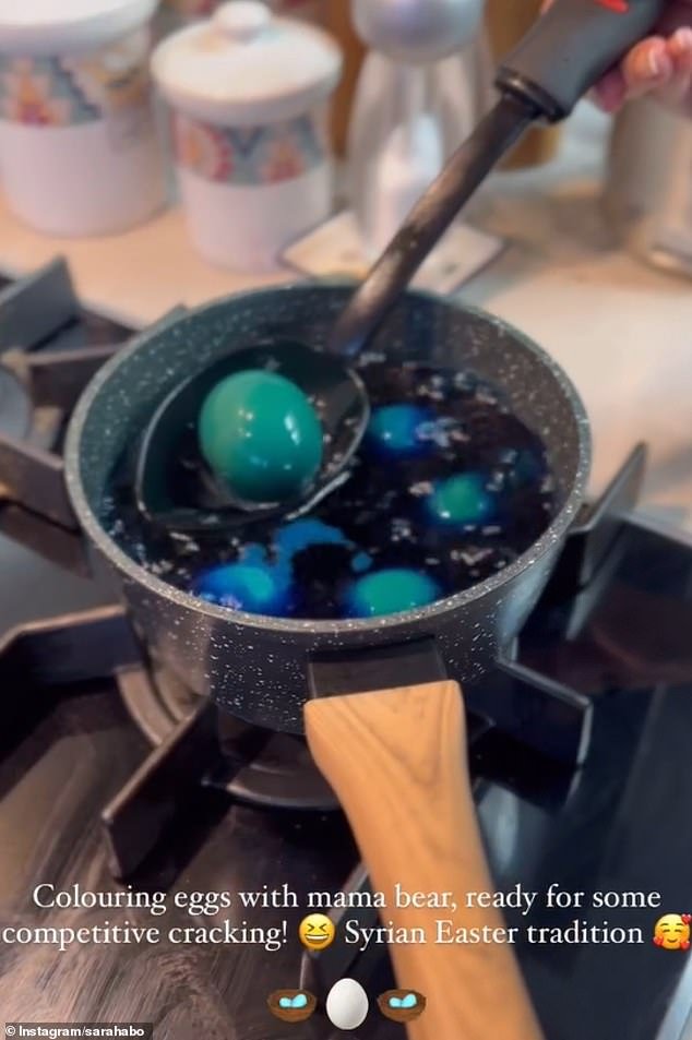 She shared a video of her mother Samia dying bright blue eggs as she got involved in Syrian Easter traditions