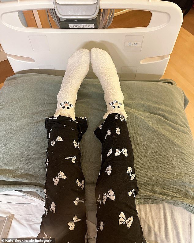The 50-year-old actress took to her Instagram to post photos of herself wearing bunny socks to bed, almost two weeks after revealing she had been hospitalized for unknown reasons.