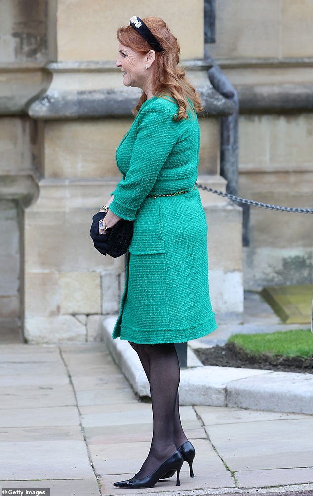 And Sarah Ferguson, Duchess of York, opted for a brighter shade of spring color and wore a bouclé dress with a pair of black heels