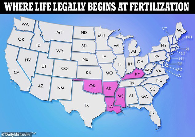 The highlighted states have laws on the books that stipulate that life begins at the moment of fertilization.  In Louisiana, the intentional removal or destruction of a human embryo is illegal