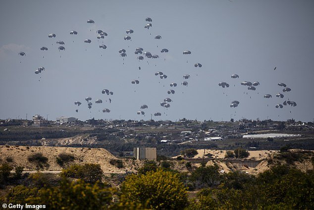 Humanitarian aid falls through the air towards the Gaza Strip