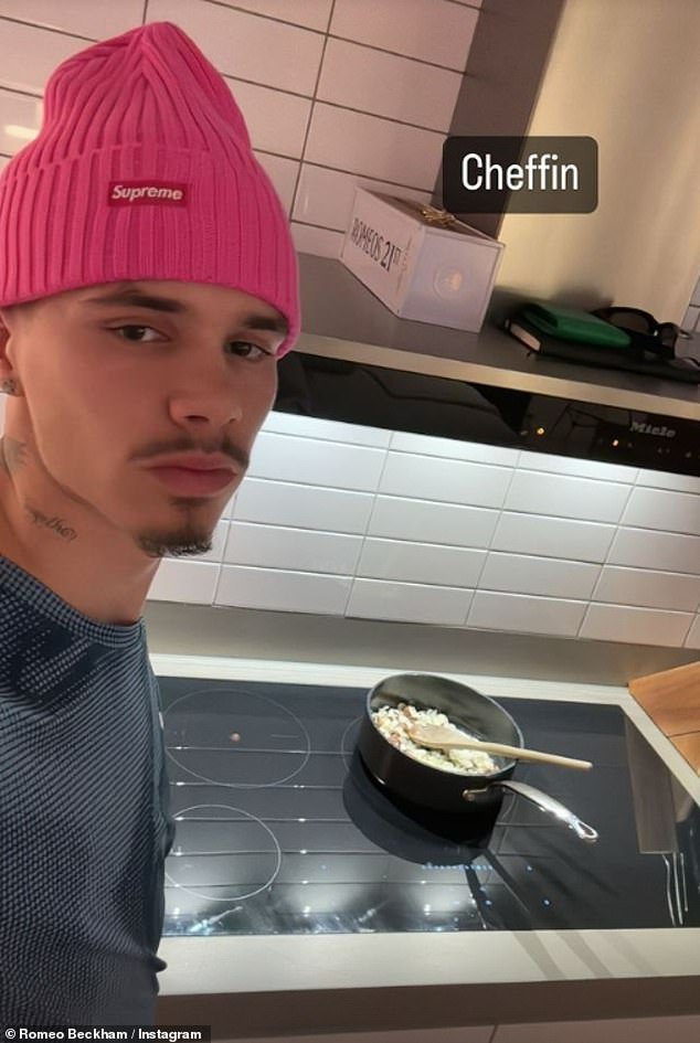 Elsewhere, Romeo, 21, cooked lunch for himself at home, who was notably absent from Fashion Week in the wake of his split from girlfriend Mia Regan.