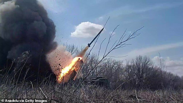 A screen capture from a video shows crews of the Uragan MLRS of Russia's Vostok force group launching rocket attacks on Ukrainian positions in Donetsk on March 29, 2024.