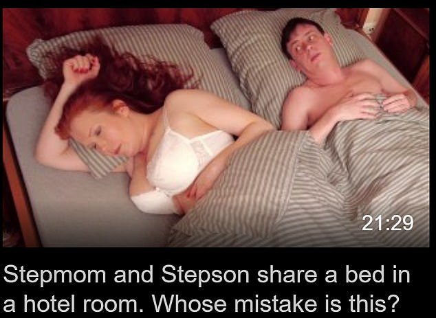 The above is a thumbnail of a video on Pornhub.  It purports to show a stepmother sleeping with her stepson in a hotel room.  DailyMail.com found many videos along the same lines after reviewing porn sites