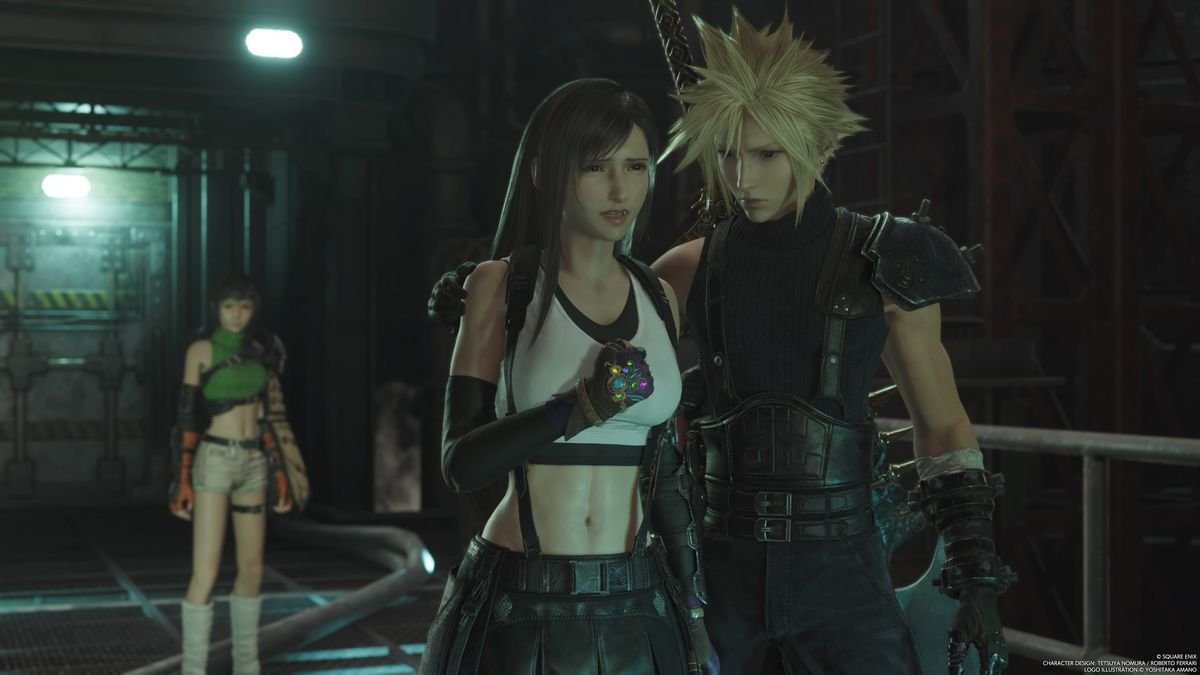 An image of Tifa and Cloud walking in a dark industrial room in Final Fantasy 7 Rebirth.  Cloud holds Tifa's shoulder and looks at her worriedly.  Yuffie is also in the background.