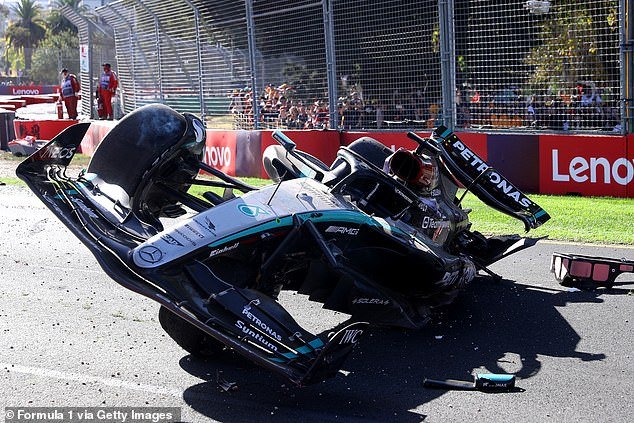 Russell's car was an absolute wreck after crashing into the barriers at high speed while battling Fernando Alonso on the final lap