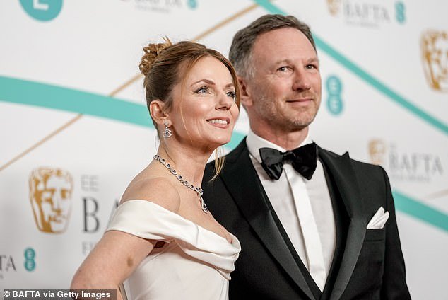Geri Halliwell (left) is on the grid at the Bahrain Grand Prix after flying from Britain to have 'crisis talks' with her husband Christian Horner (right)