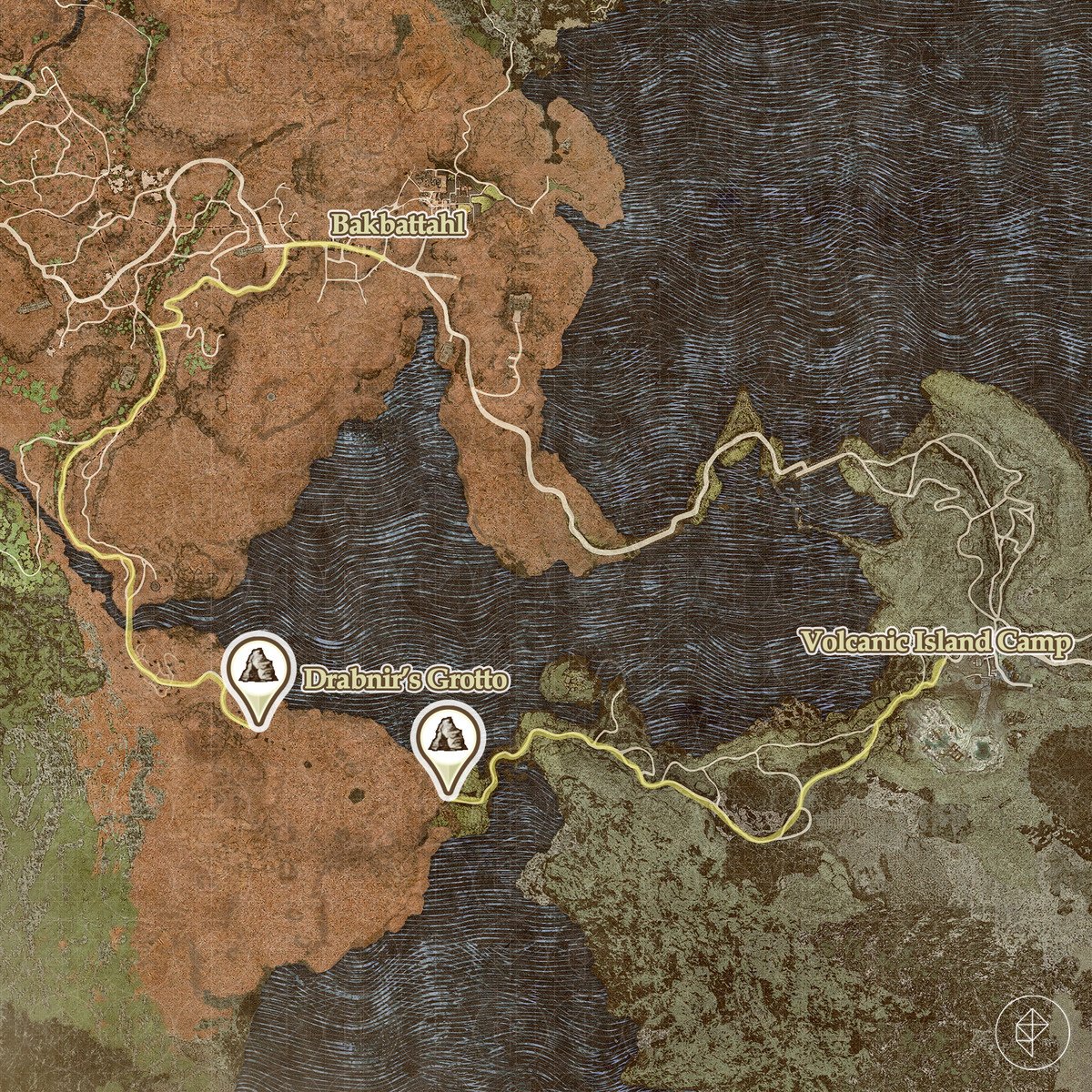 Dragon's Dogma 2 map with a return route from Bakbattahl to the volcanic island of Agamen
