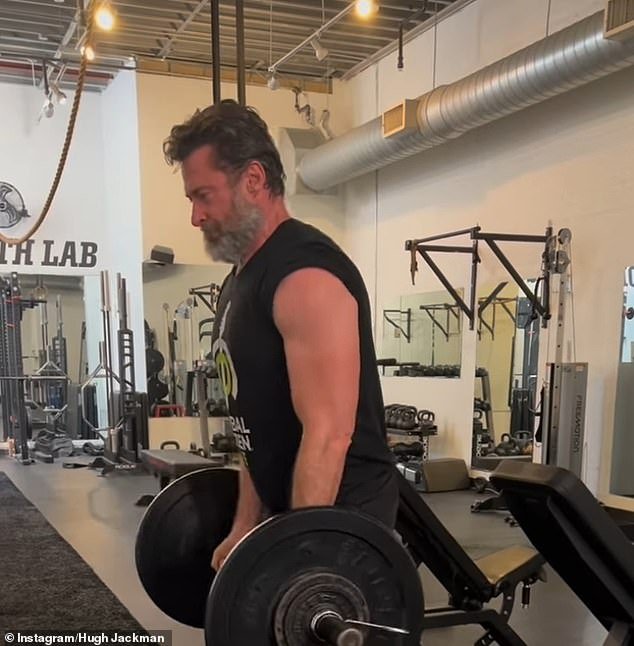 The Australian actor, 55, took to Instagram on Friday to share throwback images of himself working out at the gym as he prepared to reprise his iconic role in the new Deadpool movie.