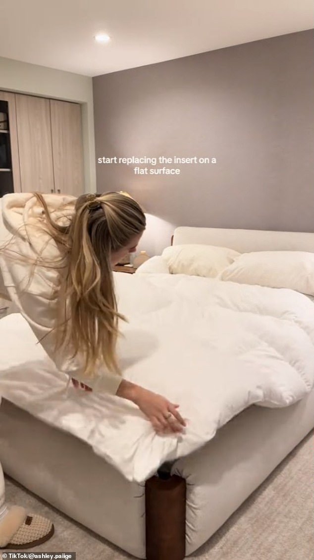 The influencer's bed contained a duvet cover, sheets and seven pillows.  She revealed in the comments section that she bought her duvet cover from Parachute and her bed frame from Crate & Barrel