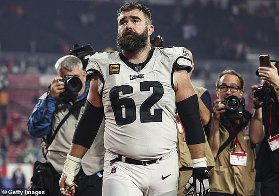 TAMPA, FL – JANUARY 15: Jason Kelce #62 of the Philadelphia Eagles walks off the field after an NFL Wild Card playoff football game against the Tampa Bay Buccaneers at Raymond James Stadium on January 15, 2024 in Tampa, Florida.  (Photo by Perry Knotts/Getty Images)