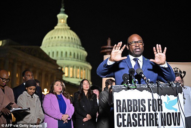 Rep. Jamaal Bowman, D-N.Y., speaks at a news conference calling for a ceasefire between Israel and Hamas in November 2023