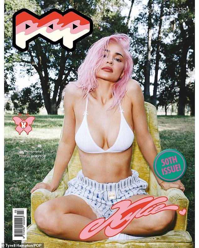 Kylie Jenner showed off her tiny waist and ample cleavage in a white bikini with shorts for the cover of Pop magazine