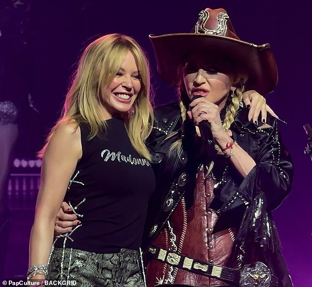 Kylie Minogue, 55, joined Madonna on stage for a surprise duet during the Material Girls', 65, Celebration tour at the Kia Forum in Los Angeles on Thursday to celebrate International Women's Day