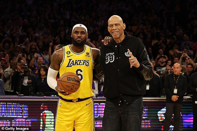 Just over a year ago, the Lakers star surpassed Kareem Abdul-Jabbar's record (right)