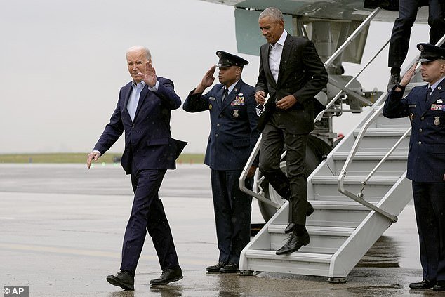 Former President Barack Obama (right) got a ride on Air Force One with President Joe Biden (left) ahead of their glitzy $25 million fundraiser in New York City Thursday evening