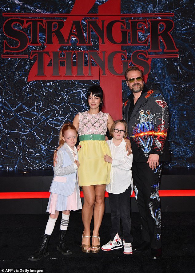 The 38-year-old singer and actress said she believes women should decide whether to put their children or their careers first, saying she chose the former (L-R: Lily Allen, daughters Marnie Rose Cooper and Ethel Cooper, and actor husband David Harbor)