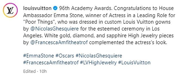 Despite the fashion faux pas, Louis Vuitton shared a photo of Emma in the gown on Instagram, much to the commenter's chagrin