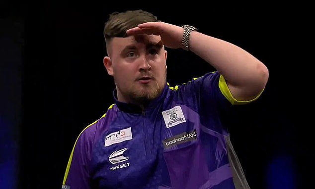 Luke Littler threw a dart at double tops that almost missed the board and started mocking himself by pretending to look into the crowd for his wayward dart.