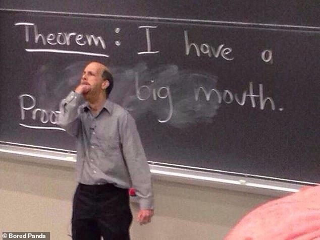 This professor, probably from the US, wanted to demonstrate a statement by successfully putting his fist in his mouth