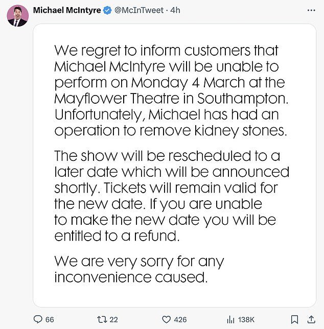 A tweet from Michael earlier this week revealed that he canceled a performance due to surgery to remove kidney stones