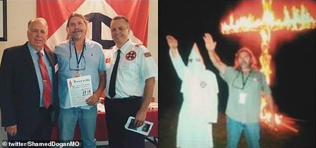In the left photo, McClanahan (center) is shown with Knights of the KKK party leaders Thomas and Jason Robb.  On the right, he is pictured next to a hooded Klansman at a cross burning in 2019