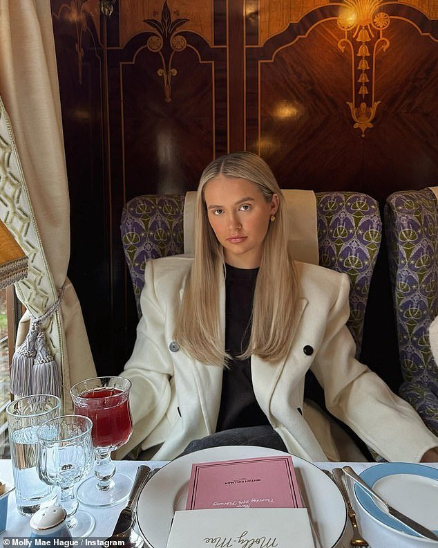 Molly-Mae Haag showed off her stylish sense of style as she posed for photos aboard the Belmond British Pullman train on Instagram on Friday for a L'Oréal event