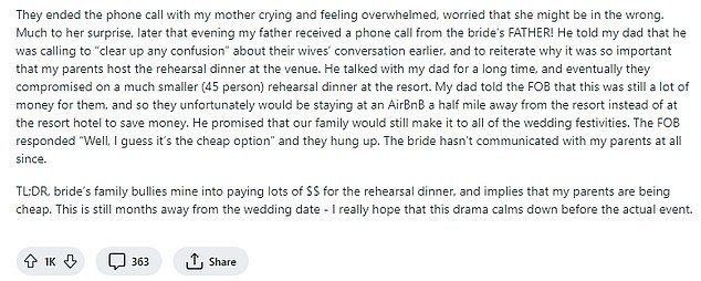 A mother of the groom has been left in tears after being branded 'cheap' by the bride's family, who insisted she pay for a lavish rehearsal dinner