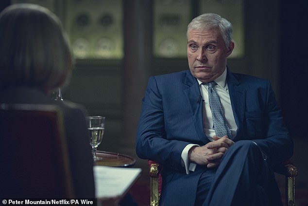 Netflix's new drama Scoop reportedly features a shocking scene in which Prince Andrew jokes about his 'friend' Jimmy Savile (Rufus Sewell depicted as Prince Andrew in Scoop)