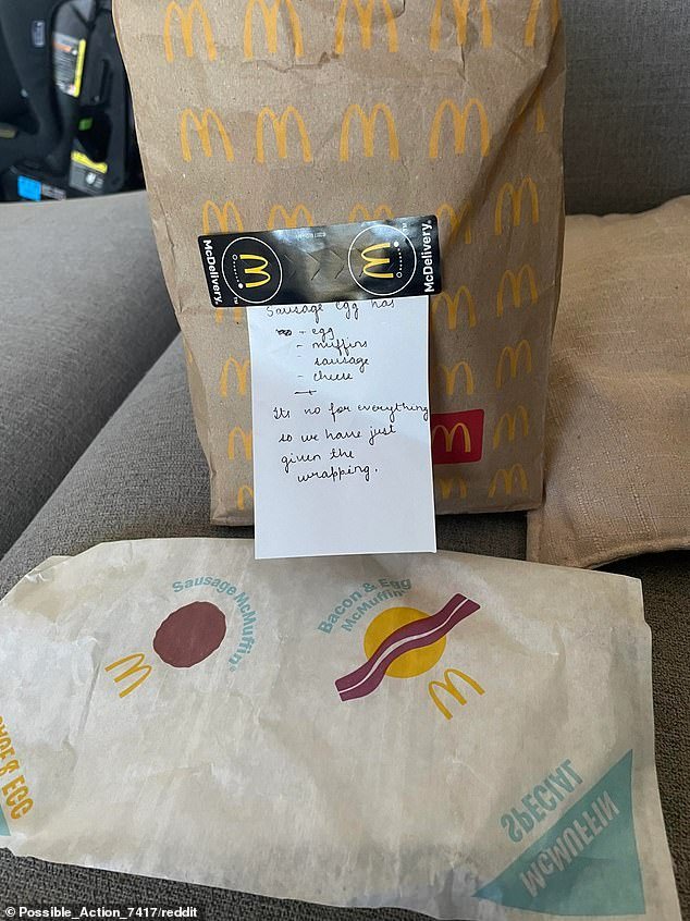 A man posted online that his girlfriend 'ordered a Worst Mcmuffin from McDonalds in Maylands, Western Australia.  The delivered order is shown in the photo