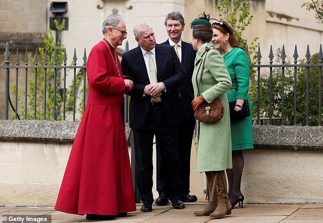 Prince Andrew beamed today as he walked front and center alongside senior royals as he attended the Easter Sunday service in Windsor