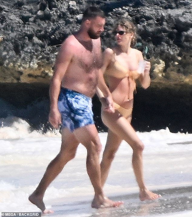Travis Kelce may have gained a few pounds since making his Super Bowl appearance last month, with the NFL champion showing off his figure during an outing with girlfriend Taylor Swift