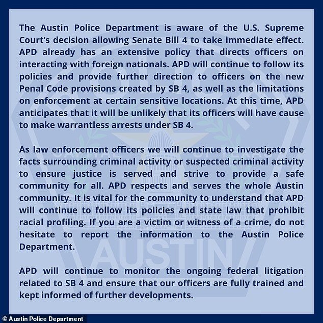 Austin PD says it won't enforce the law either